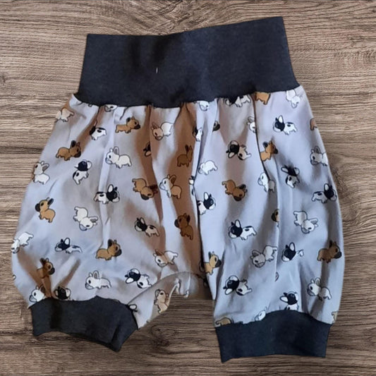 Größe 80/92, Kurze Hose, Pumphose, Jersey, grau, französische Bulldoggen