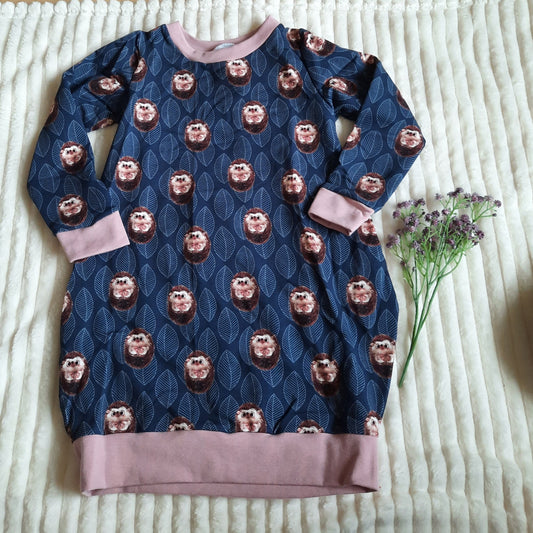 Gr. 110 Ballonkleid - Igel, blau, rosa, Blätter - Sommersweat