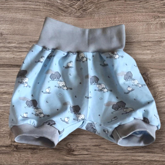 Größe 68/74 kurze Pumphose,  blau, grau, Schafe