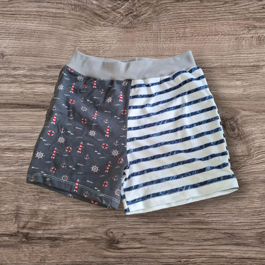 Größe 98/104, Kurze Hose, Pumphose, Jersey, maritim, Leuchttürme, Anker, Streifen, blau, Weiß