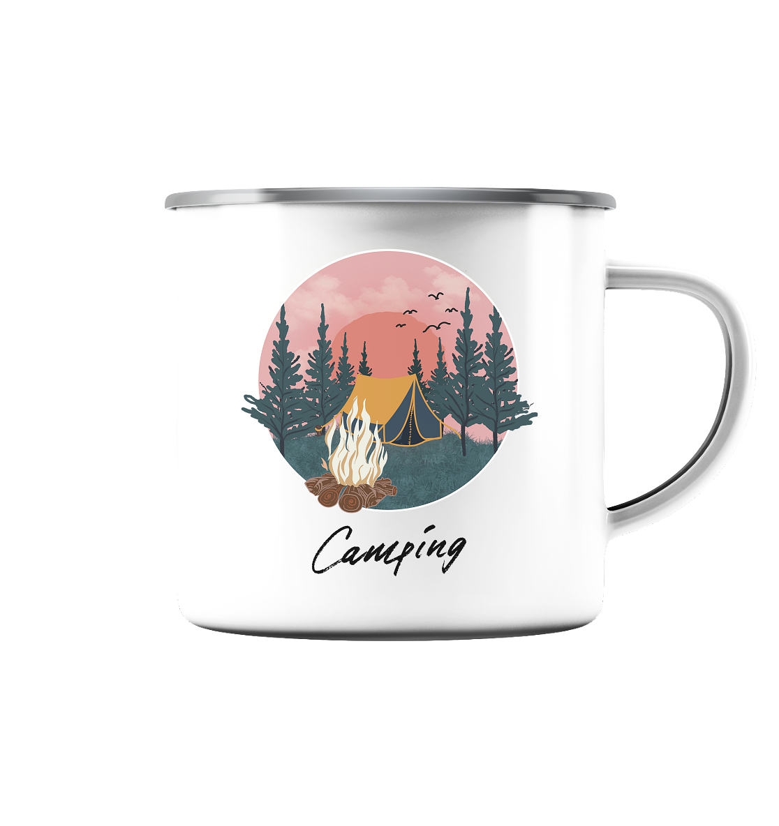 Camping, Zelt, Lagerfeuer, Wald  - Emaille Tasse (Silber)