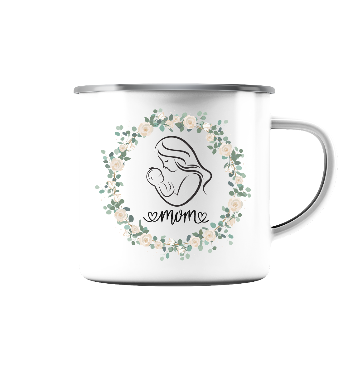 Mom, Muttertag  - Emaille Tasse (Silber)
