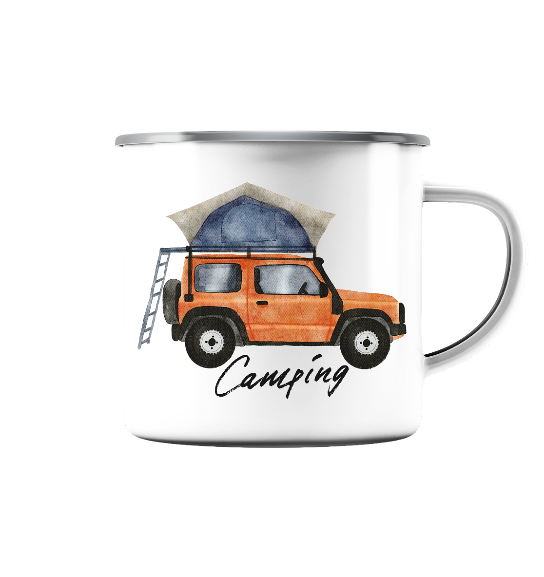 Camping, Dachzelt, Jeep - Emaille Tasse (Silber)