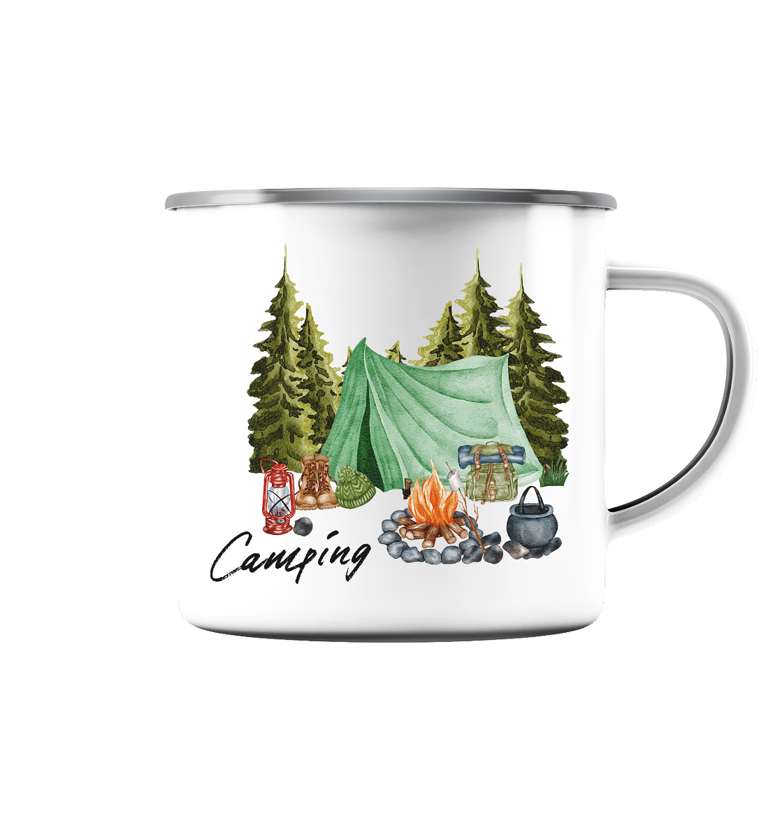 Camping, Zelt, Wald, Lagerfeuer  - Emaille Tasse (Silber)