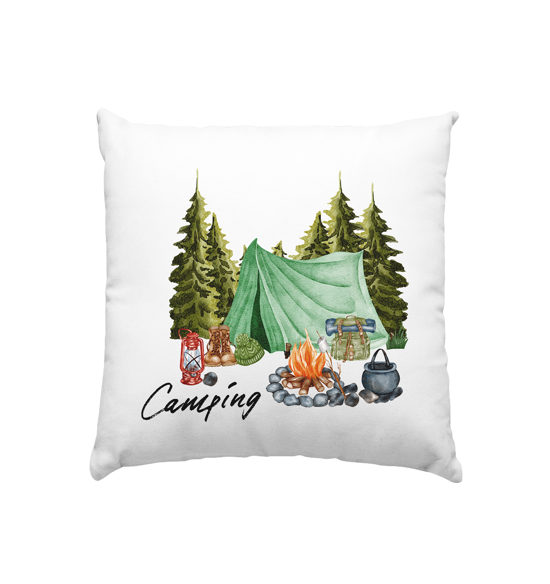 Camping, Zelt, Wald, Lagerfeuer  - Kissen 40x40cm