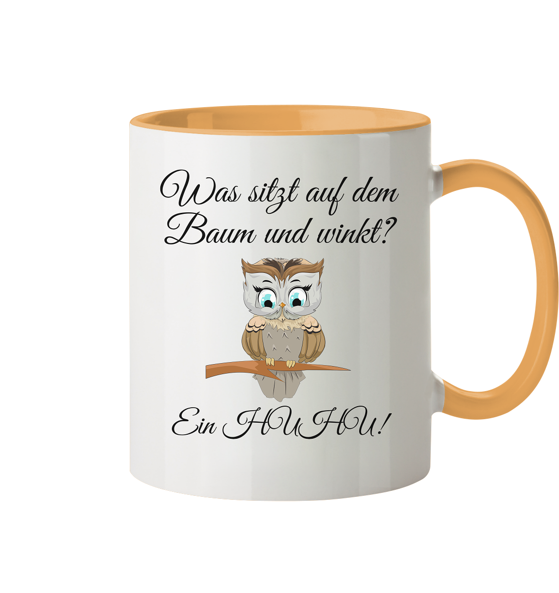Was ist auf dem Baum und winkt? Ein Huhu - Tasse zweifarbig