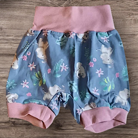 Größe 80/92, Kurze Hose, Pumphose, Jersey, blau, rosa, Elefanten