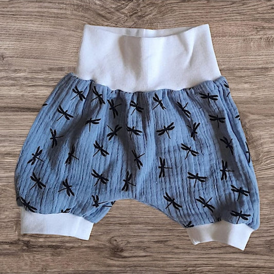 Größe 50/56 Kurze Hose, Pumphose, Musselin, blau, Weiß, Libellen